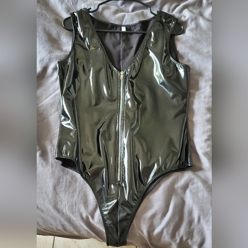 iFEEL faux pvc leather black bodysuit with front zipper (XXL) plus size